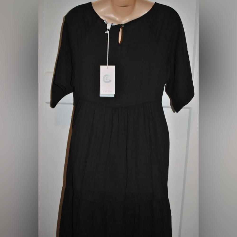 CALME By Johnny Was Raglan Tiered Gauze Black Midi Dress Size XS/S $138 - Picture 6 of 6